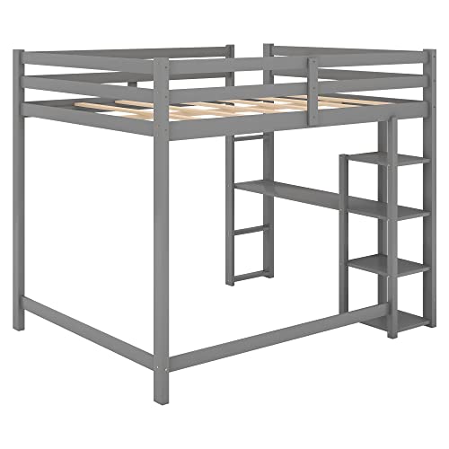 Full Size Loft Bed With Built-In Desk And Shelves,Wood Bed Frame With Built-In Ladder And Full-Length Guardrails,Weight Capacity 600Lb,Space-Saving,Gray Loft-Bed #TOP6