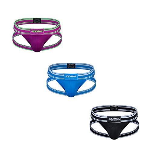 JOCKMAIL 3PCS/Pack Jockstrap Athletic Supporters for Men Jock Strap Male Underwear for Gym Men's Thong Underwear Sport (US, Alpha, Medium, Regular, Regular, Purple+Blue+Black)