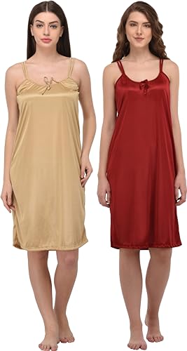 Image of You Forever Women Sexy Satin Striped Solid Above Knee Length Nighty, Loungewear, Nightwear, Sleepwear, Home Wear Short Nighty for Women Pack of 2