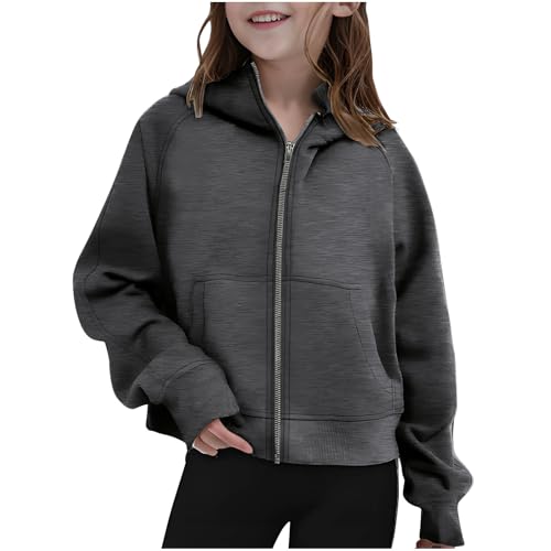 Girls Zip Up Cropped Hoodies Long Sleeve Casual Sweatshirts Jacket Teen Full-Zip Outwear with Pockets For 5-14 Years