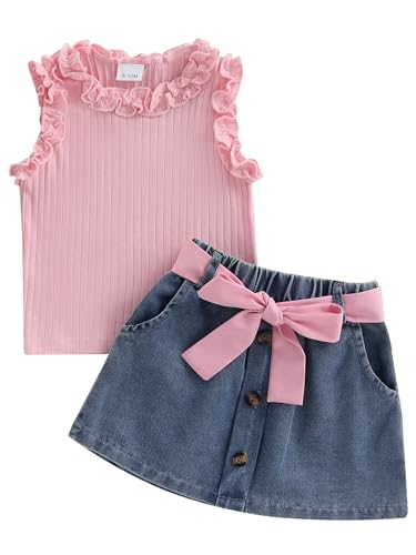 Image of Toddler Girls Summer Outfits Solid Color Ruffle Sleeveless Tank Tops Vest Denim Skirts Kids Fashion 2 Piece Outfits