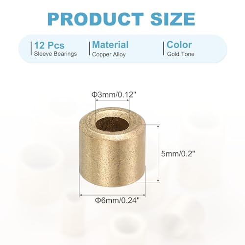QUARKZMAN Buchsenlager 3mm Bohrung x 6mm Außendurchmesser x 5mm Länge Selbstschmierende Messingbuchsen Gleitlager Für Gleitbewegungen Maschinenteile (Goldton 12 Stück)