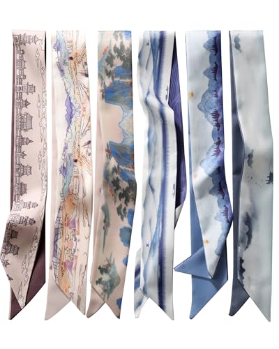 ZXZH 6 Pack Fashion Scarves for Women, Versatile Boho Head Scarf, Satin Scarf for Hair, Neck, Wrist, and Purse Accessories (Grace of Scenic)