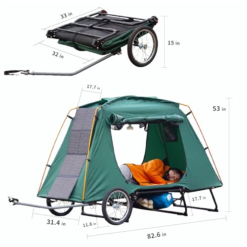Jagahaha Fahrradanhänger Zelt, Faltbarer, wasserdichter Fahrradwohnwagen mit 16 Zoll Geländerädern, PU2000mm, schneller Aufbau in 2 Minuten, erhöhtes Schlafe, Perfekt E-Bike Camping