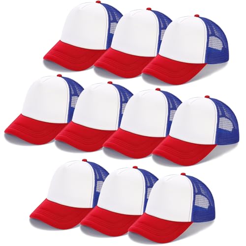 Ultrafun 10 Pack Trucker Hat Mesh Sublimation Blank Hats Adjustable Baseball Caps Hats for Men Women (Red Blue White)