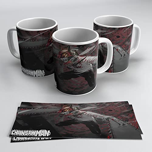 Taza de Chainsaw Man - Denji Con Logo de la Serie - Para Fans del Anime (355ml, Rojo y Negro)