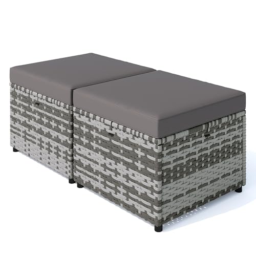 Image of HOMREST 3 Piece Patio Rattan Ottomans Set，Outdoor PE Wicker Footstool w /Removable Cushion, Storage Coffee Table & Multipurpose Footrest Stool for Porch, Poolside, Garden, Deck(Gray)