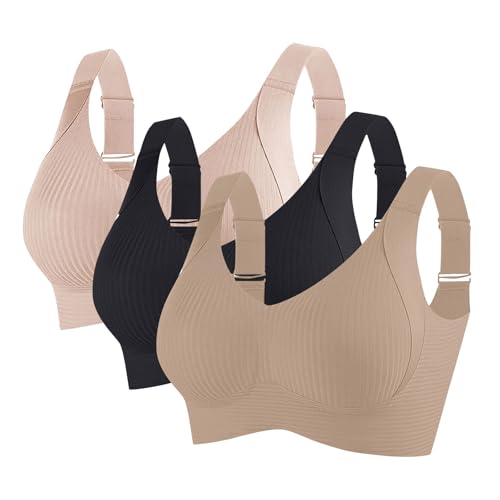 3PC Womens Wireless Bras No Underwire Push Up Bra Seamless Ribbed Cozy Full Coverage Adjustable Straps Everyday Bra