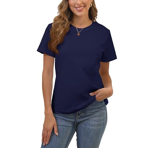 100% Cotton Women's Navy Blue Short Sleeve Crew Neck T-Shirt, Regular Fit Casual T Shirt Tops, Basic Tees, Tshirt, Tshirt