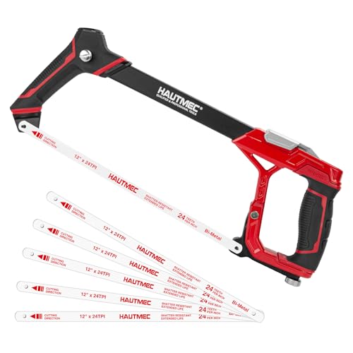 HAUTMEC 12 Fast Tension Hacksaw with Extra 5 HSS Blades, Heavy-Duty Aluminum Frame, Quick-Change Tension, Blade Storage, Pro Hack Saw with Dual Cutting Angles for Metal, PVC, Wood - HTHSH25034