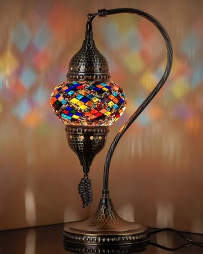 DEMMEX Lámpara de Mesa de Mosaico Turco, Estilo Marroquí, Hecha a Mano con Cristales de Colores, Decoración Artesanal para Dormitorio o Salón, Acabado en Latón Antiguo