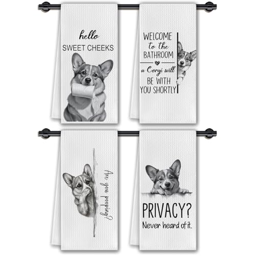 CosxHabitat Corgi Dog Bathroom Hand Towels, Hello Sweet Cheeks Bathroom Decor, Corgi Lover Gifts, Corgy Mom Gifts Decorative Hand Towels for Bath Room Washroom Restroom, 16x24 Inches Set of 4