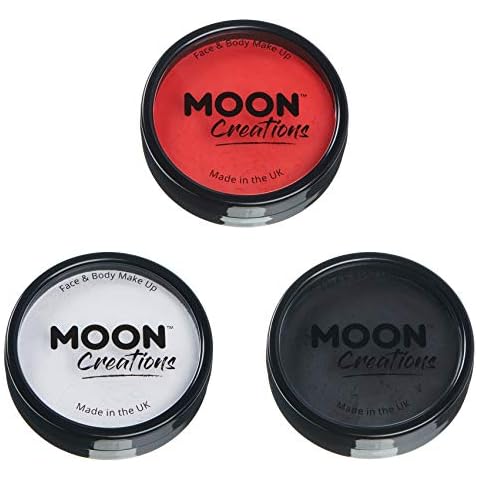 Moon Creations Pro Face & Body Makeup | Bright Red, White, Black Set | 36g | Professional Colour Paint Cake Pots for Face Painting | Face Paint For Kids, Adults, Fancy Dress, Festivals, Halloween Cover