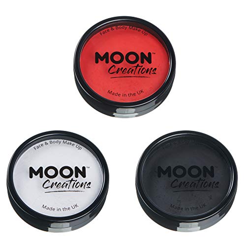 Moon Creations Pro Gesichts- und Körper-Make-up, professionelle Farbfarben-Kuchentöpfe für Gesichtsfarbe, Kostüme, Feste, Halloween für Kinder, Erwachsene (helles Rot, Weiß, Schwarz)