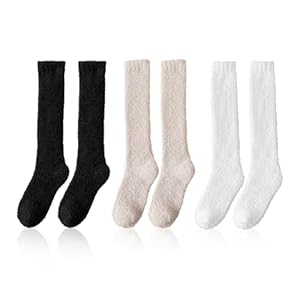 JTMKYO 3 paar Warme Katoenen Sokken Voor Dames, Lange Kniekousen Voor De Winter, Warme en Comfortabele Beensokken, Verdikte Kousen Voor Vrouwen En Meisjes In De Winter (Zwart, Wit, Khaki), zwart, wit,
