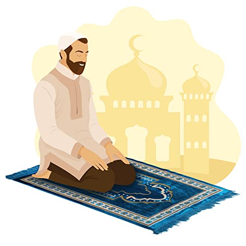 Tb Muslim Prayer Rug Thick, Islamic, Soft Velvet Mat Ramadan Gift, With Prayer Bead Unique Decoration Gilded Gold-Like Embroidered For Women Man Kids Meditation Turkish African (Blue) #TOP2