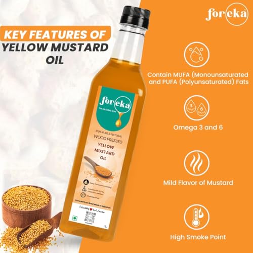 Image of Foreka Cold Pressed Mustard Oil - Unrefined Oil For Cooking - Chemical-free and 100% Natural (1 Litre (Pack of 2), Yellow Mustard)