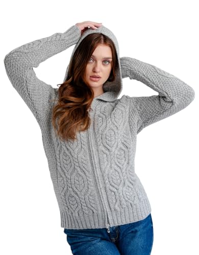 Image of SAOL Women's Hooded Zip Cardigan - Pure Merino Wool Irish Sweater - Warm & Breathable Outer Layer