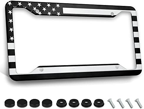 Black American Flag License Plate Frame Quality Metal Aluminum Patriotic Car Cover Tag Holder Frames with 4 Holes and Screws 12 x 6 Inch Decoration for US Vehicle Standard Perfect for Women Men
