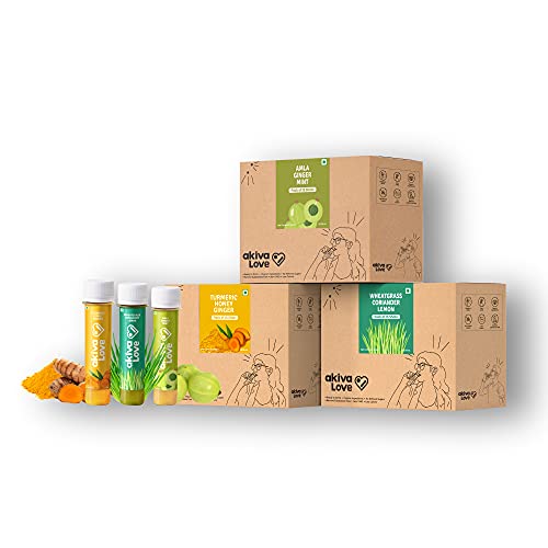 Akiva Love Immunity Essentials Juice Shots (Pack of 45) | Turmeric Honey Ginger Juice Shots(Pack of 15), Indian Gooseberry/Amla Ginger Mint Juice Shots (Pack of 15), Wheatgrass Juice Shots with Lemon Coriander (Pack of 15) | Natural, Ayurvedic, Ready