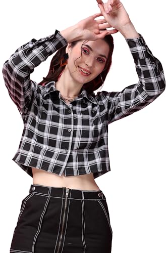 Image of POPWINGS Casual Pure Cotton Checks Crop Shirt for Women | Stylish Western Crop Shirt for Women | Full Sleeves Crop Shirt for Women