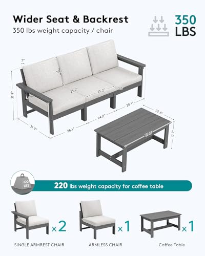 SERWALL HDPE Patio Sofa Set, 4-Piece Sectional Outdoor Furniture Set, All Weather Outdoor Couch Set Patio Furniture Set for Deck, Lawn, Grey Frame with Khaki Cushion