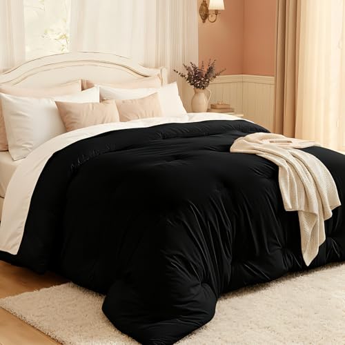 Easthome Comforters Full Size All Season Quilted Bed Comforter Ultra-Soft Down Alternative Duvet Insert with 4 Tabs Lightweight Bedding Blanket - Machine Washable Black