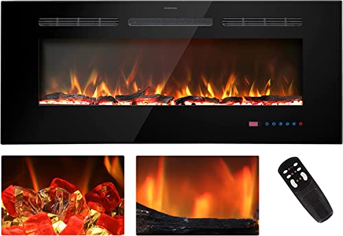Kentsky 54 inches Electric Fireplace Inserts, Recessed and Wall Mounted Fireplace Heater, Linear Fireplace w/Thermostat, Remote & Touch Screen, Multicolor Flame, Timer, Log & Crystal, 750W/1500W