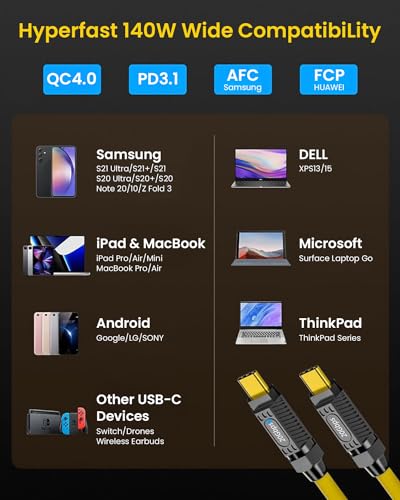 Image of Verilux Usb C To Usb C Cable 140W Usb 3.1 Type C Charging Cable,Fast Charging 20Gbps Usb Type C Charger Cord,With Led Light,Support 8K@60Hz For Macbook Pro,3.3Ft,Yellow