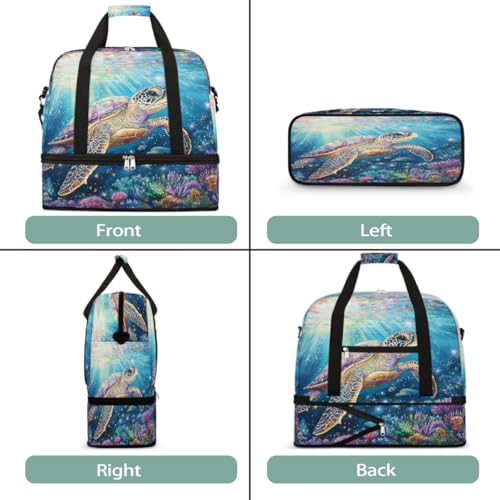Foldable Carry On Bag for Travel, Expandable Duffle Bag with Shoe Compartment, Turtle Rainbow Ocean Lightweight Sports Gym Tote with Trolley Sleeve3
