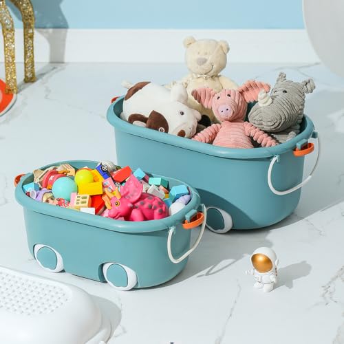 Image of Baby Bucket Multipurpose Storage Box with Wheels | Children's Toy Storage Box | Pulley Plastic Case Storage Container -Orange -(52 x 33 x 29 cm)
