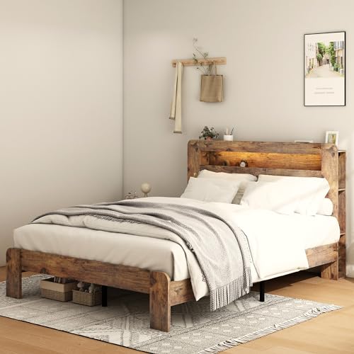 Image of Bellemave Rustic Vintage Queen Size Bed Frame with Bookshelves,Storage Headboard and Charging Station,Wooden Platform Bed Frame Queen Size with LED Lights and Wood Slats,Easy Assembly,Dark Brown