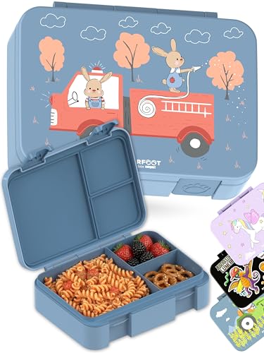 Image of BEARFOOT Kids Lunch Box with Compartments - Compact & Lightweight | Leak-Proof, BPA-Free, Dishwasher Safe | Hand-Drawn Design for Preschool, School, Travel (Firetruck Bunnies Blue, 4 Cups) | BPA Free Leakproof Lunch Box with Compartments School & Nursery for Girls & Boys Lightweight & Compact