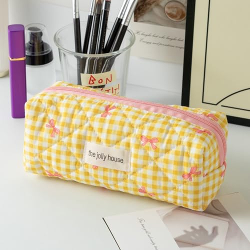 Image of Carry bloom Pencil Pouch Cute Pencil Case for Girls Aesthetic Pencil Bag with Zipper Pen Cases School Supplies Makeup Bag (Checkered bow yellow)