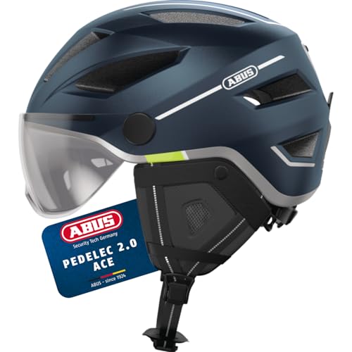 ABUS Casque de Ville Pedelec 2.0 ACE - Casque de vélo avec feu arrière, visière, Bonnet de Pluie, Protection des Oreilles - pour Femmes et Hommes - Bleu...
