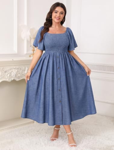 Image of Plus Size Casual Maxi Boho Dress for Curvy Women Short Sleeve Square Neck Smocked Summer Beach Dresses Button Down