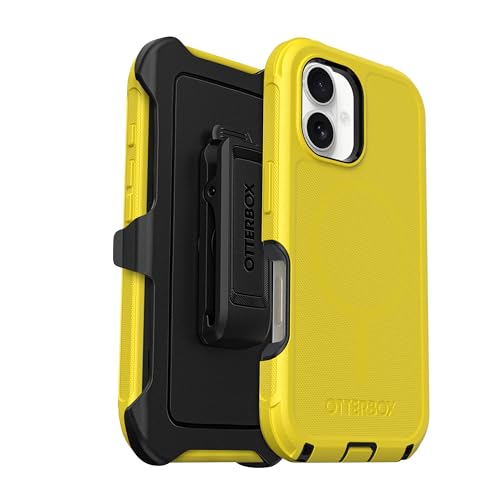 Coque iPhone 16 OtterBox Defender MagSafe antichoc noire et jaune avec clip ceinture