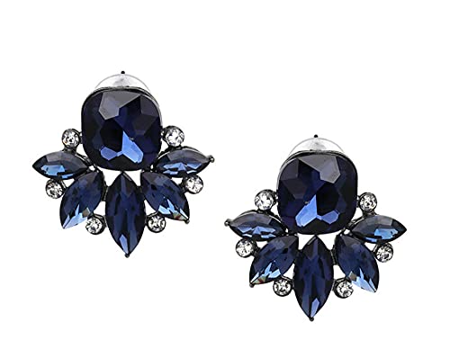 Art Deco Antique Vintage Retro Style Navy Sapphire Blue Rhinestone Bridal Bridesmaid Wedding Prom Cluster Earrings