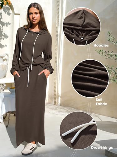 EXLURA Women 2 Piece Skirt Sets Fall Long Sleeve Hoodies Matching Long Dress Sweatsuits Lounge Set Travel Outfits Winter 20252