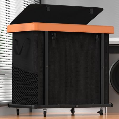 Image of 230L (60 Gal) Large Fashion Laundry Basket with Wheels, Leather Patchwork Laundry Sorter 3 Section, Sturdy Metal Frame, Removable Washable Bag, Tall Clothes Sorter for Bedroom - Black
