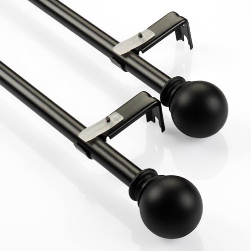 Image of Deco Window 2 Pc Extendable Curtain Rod for Doors & Windows, 16mm Diameter, 28 inch-48 inch Adjustable Length, Iron Rod with Round Ball Finials & Brackets, Black