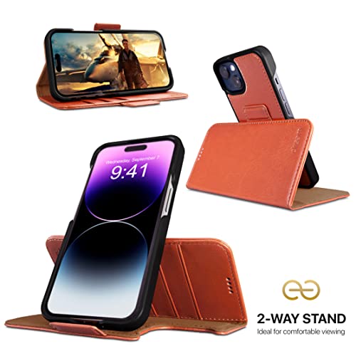 Image of dreem Fibonacci Compatible with iPhone 14 Plus Wallet case / 2-in-1 Shockproof case and Detachable Vegan Leather Folio, MagSafe Compatible, RFID Protection [Caramel]