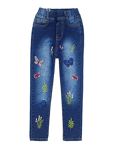 KIDSCOOL SPACE Pantalon Jeans Herbe Brodé Petite Fille,Bleu,4-5 Ans