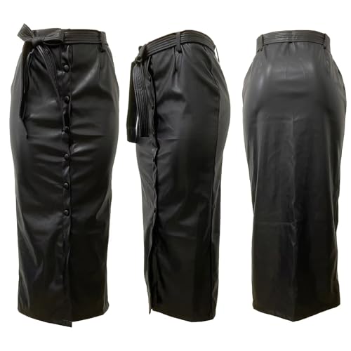 Faux Leather Midi Skirts for Women Stretch High Waist PU Wrap Bodycon Long Skirt with Tie Belt4