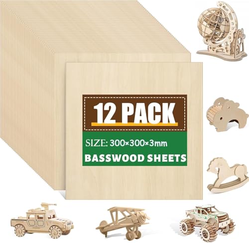 Farnirvana 12 Pièces Contreplaqué 3mm, 300mm×300mm Planche en Bois Bricolage, Feuilles de Bois Minces, Bois pour l'artisanat, la découpe du bois, le modélisme, maquette pyrogravure DIY