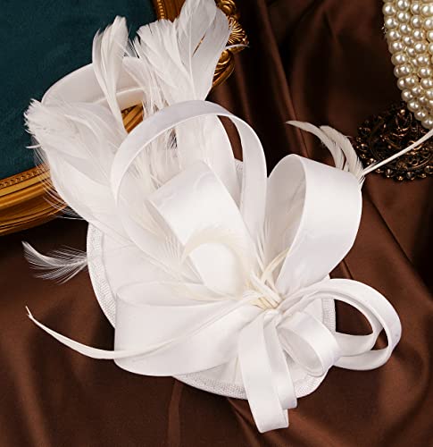 Cizoe Derby Fascinators for Women High Tea Party Hat Wedding Cocktail Flower Headware with Mesh and Feathers(Y-White)