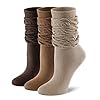 FITRELL Slouch Crew Socks for Women, 3 Pairs Soft Cotton Mid Calf Cute Retro Scrunch Socks, Khaki+Light Brown+Dark Brown, Small-Medium
