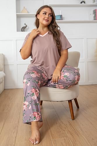 Image of Vozanet Women's Pajama Sets Short Sleeve with Long Pant Soft Sleepwear Printed pj Loungewear With TWO Pockets Size 1X to 5X