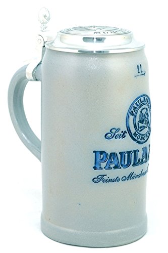 Bavariashop Steinkrug Paulaner salzglasiert mit Zinndeckel - 1,0 Liter - salzglasierter Keferloher Bierkrug