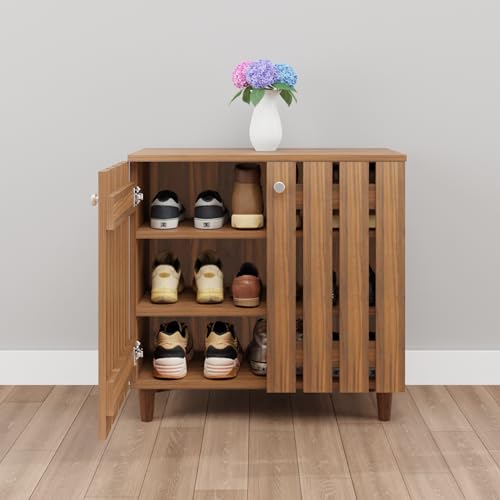 Image of VIKI | Shoe Rack with Window Pattern Ventilated Doors, Shoe Storage,Shoe Cabinet for Hallway, Organizer Unit for Entryway, Width 73cms, Brussel Walnut Colour | 1 Year Warranty